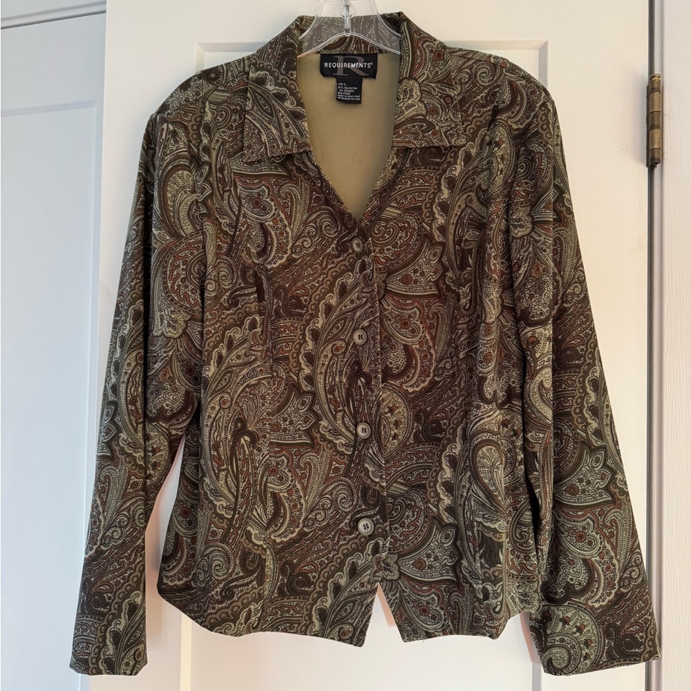 Vintage requirements paisley button up blouse brown/green tones size large